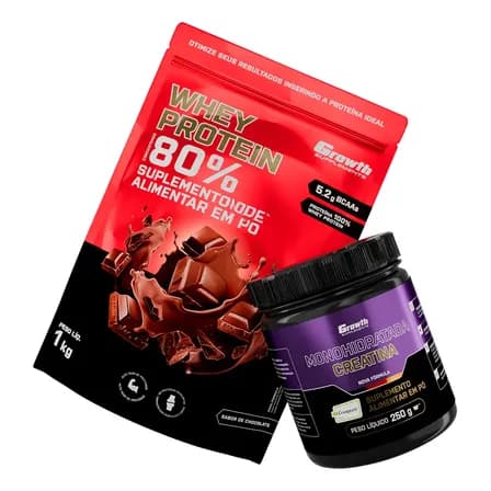 Kit Growth: Whey Protein Concentrado Chocolate 1kg + Creatina Creapure Sem Sabor 250g
